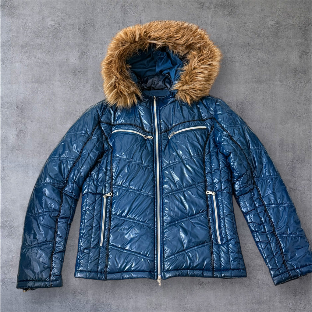 Blue Semantic Design Fur Puffer