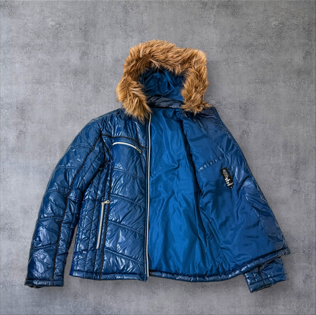 Blue Semantic Design Fur Puffer