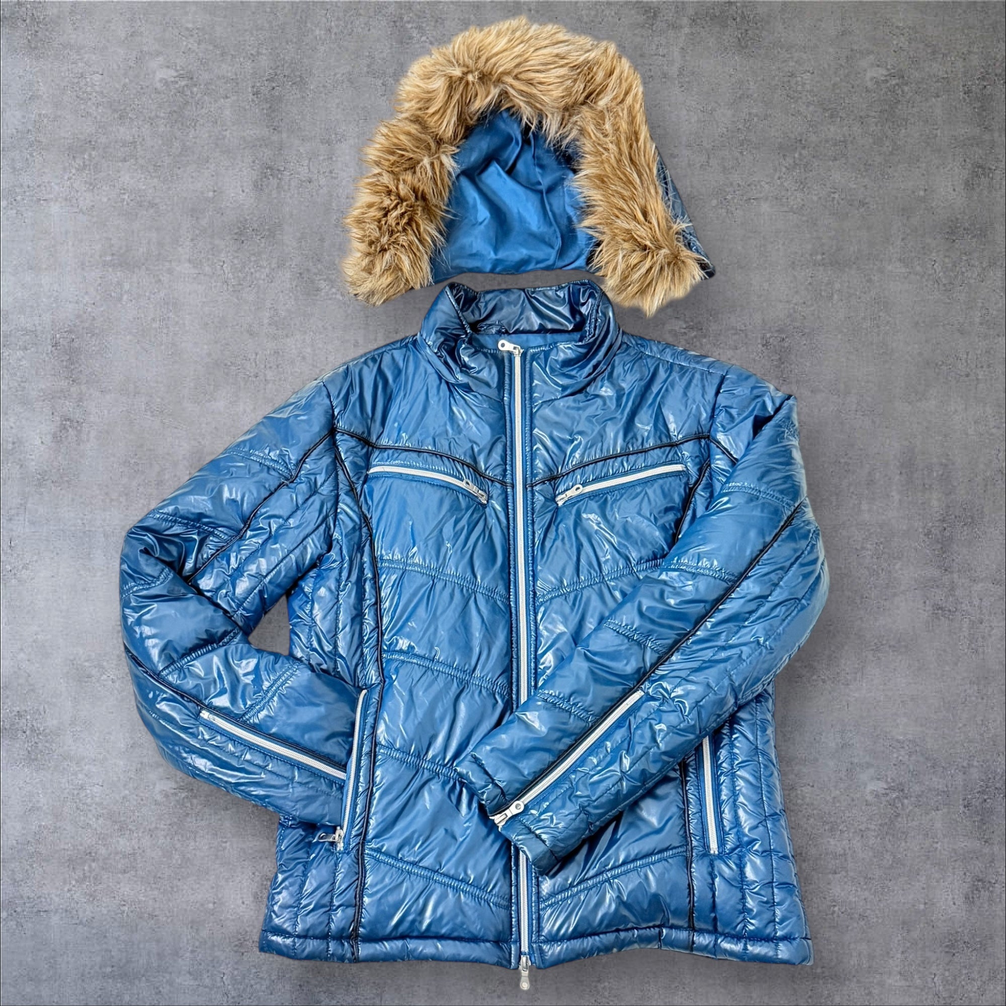 Blue Semantic Design Fur Puffer