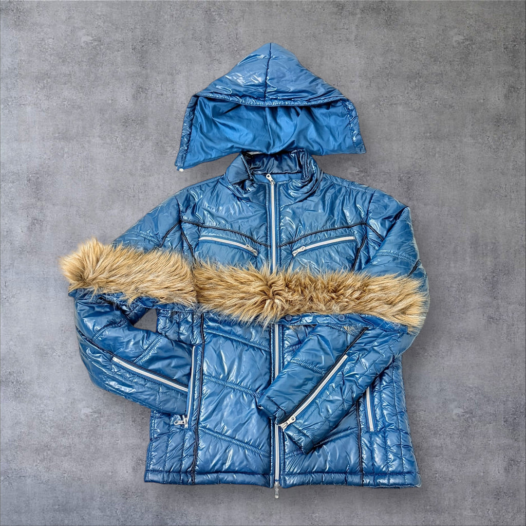 Blue Semantic Design Fur Puffer
