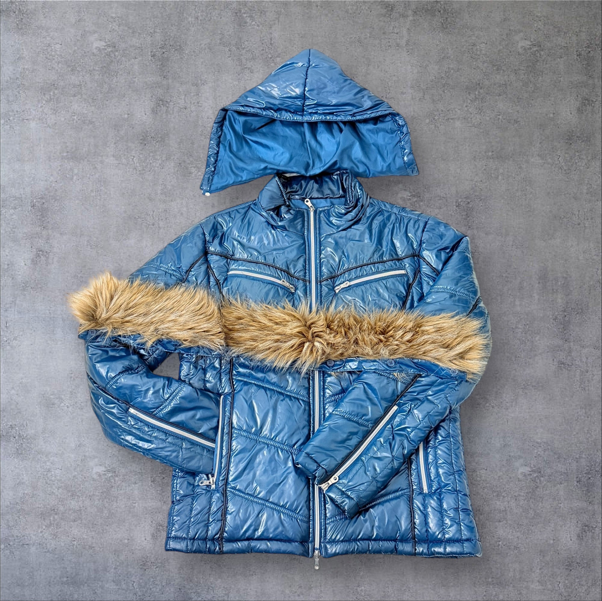 Blue Semantic Design Fur Puffer